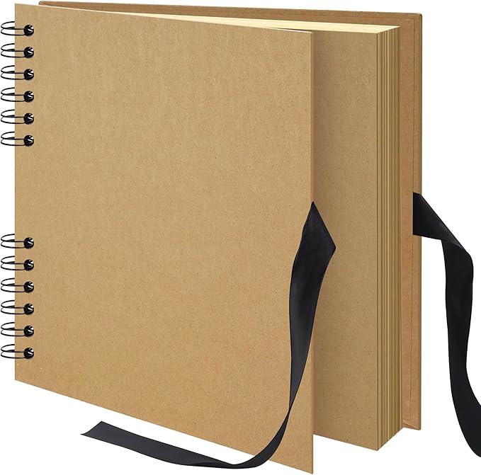 10×10 inch Scrapbook Photo Album DIY Picture Book 40 Pages, Thick Kraft Paper Scrap Book Album with Silk Ribbon Wedding Guest Book Memory Book for Baby, Family, Travel (Khaki)