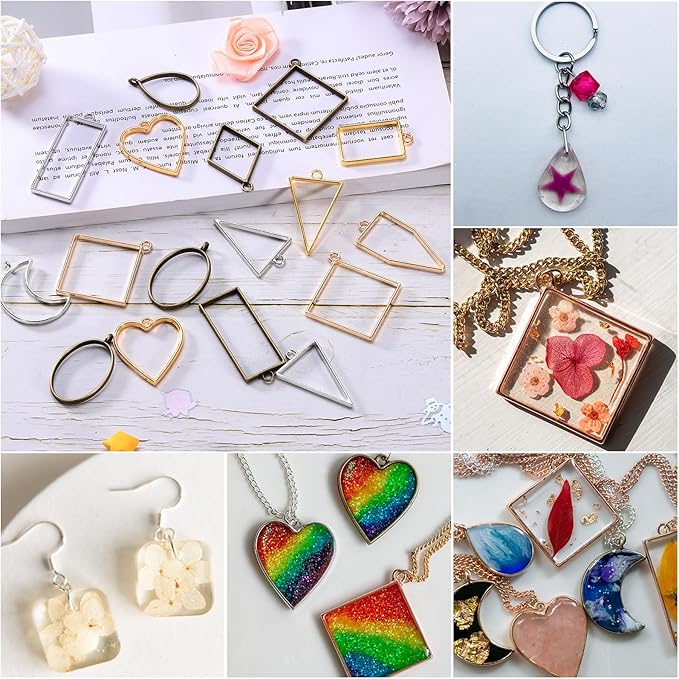 uxcell 60Pcs Alloy Open Bezel Pendants, Diamond Shape Hollow Frame Pendant Geometric Open Back Frame Pendant for Resin Jewelry Making Earrings Necklace Bracelet DIY, Gold Tone