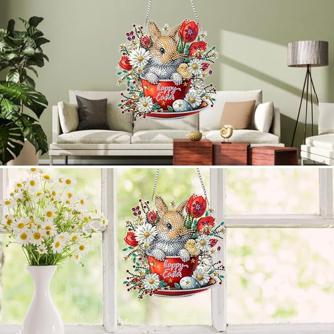 MXJSUA Diamond Art Hanging Kits for Adults Beginners, Acrylic 5D Special Shaped Crystal Diamond Gem Art Painting Hanging Ornament for Home Wall Decor and Gift (Easter Bunny)