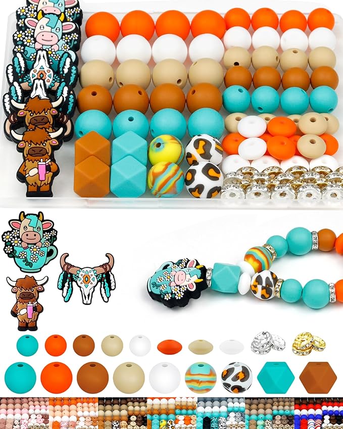 112PCS FIVEIZERO 12mm 15mm Cow Focal Silicone Beads for Keychain Making, Round, Lentil, Hexagonal, Print, 10mm Rhinestone Rondelle Spacers Beads for Bracelet, Pens, Necklace Crafts(Orange Green)