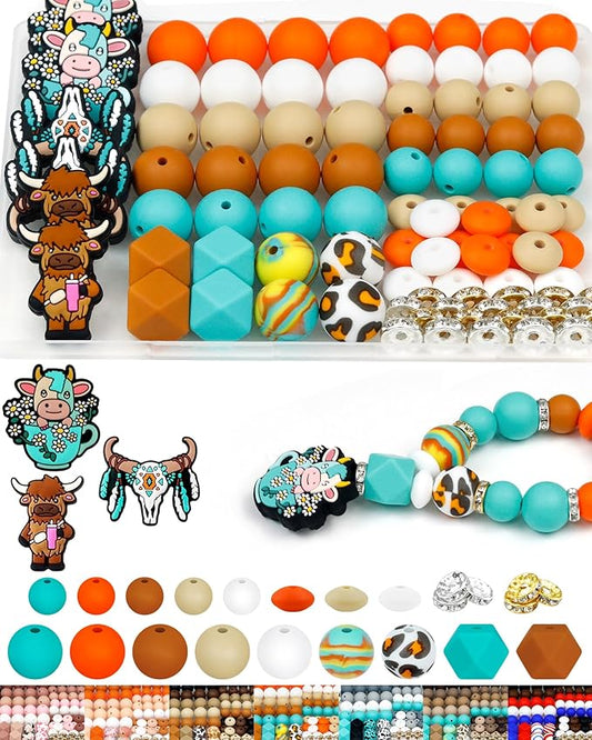 112PCS FIVEIZERO 12mm 15mm Cow Focal Silicone Beads for Keychain Making, Round, Lentil, Hexagonal, Print, 10mm Rhinestone Rondelle Spacers Beads for Bracelet, Pens, Necklace Crafts(Orange Green)