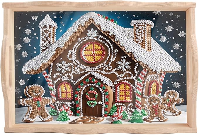 Christmas DIY Diamond Art Tray with Handle Special Shaped Diamond Art Plate Creative Design Handmade Wooden Tray Mosaic Making Kits by Number Kits DIY Crafts Gift for Xmas Organizer (Christmas House)
