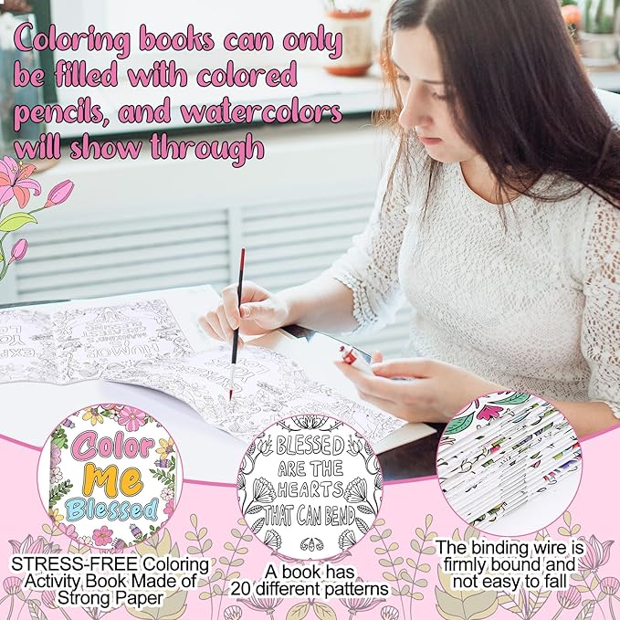 Liliful 24 Pcs Blessed Theme Coloring Book Bulk for Adult DIY Flower Stress Relief Color Drawing Book with Patterns for Adults, Party Favors, Goodie Bag Filler and Holiday Gifts