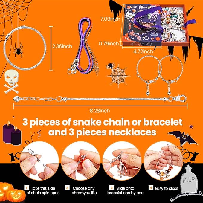 Taybonds Halloween Charm Bracelet Making Kit for Party, DIY Jewelry and Necklace Making Set with Beads, Pendants and Chains, Skull, Ghost and Candy Charms, Creative Gifts