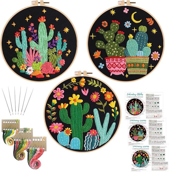 Nuberlic 3 Pack Embroidery Kit for Beginner Adults, Stamped Cross Stitch with Cactus Patterns Include 3 Hoop, Cloth Thread Needles and Instructions