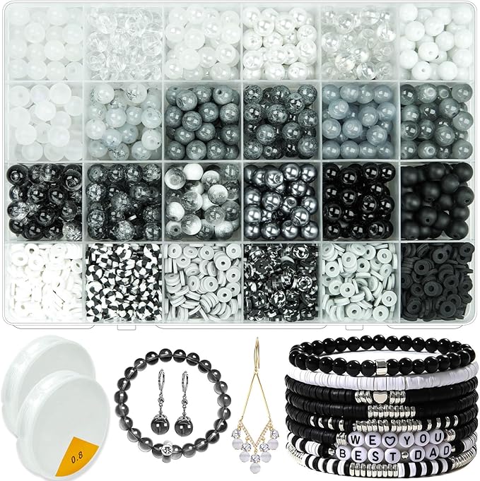 1600PCS+ Black Glass Beads for Jewelry Making, 8mm White Crackle Lampwork Glass Bead Polymer Clay Beads Round Spacer Crystal Beads for Friendship Bracelet Necklace Earring (White+Black+Grey)