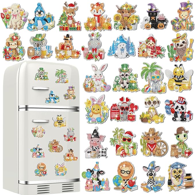 Xuhal 30 Pcs Holiday Diamond Painting Magnets Seasonal Animal Diamond Art Magnet Kits for Adults Cute 5d Rhinestone Seasonal Animal Refrigerator Magnetic Sticker for DIY Craft Fridge