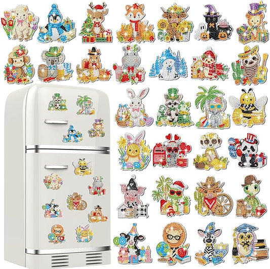 Xuhal 30 Pcs Holiday Diamond Painting Magnets Seasonal Animal Diamond Art Magnet Kits for Adults Cute 5d Rhinestone Seasonal Animal Refrigerator Magnetic Sticker for DIY Craft Fridge