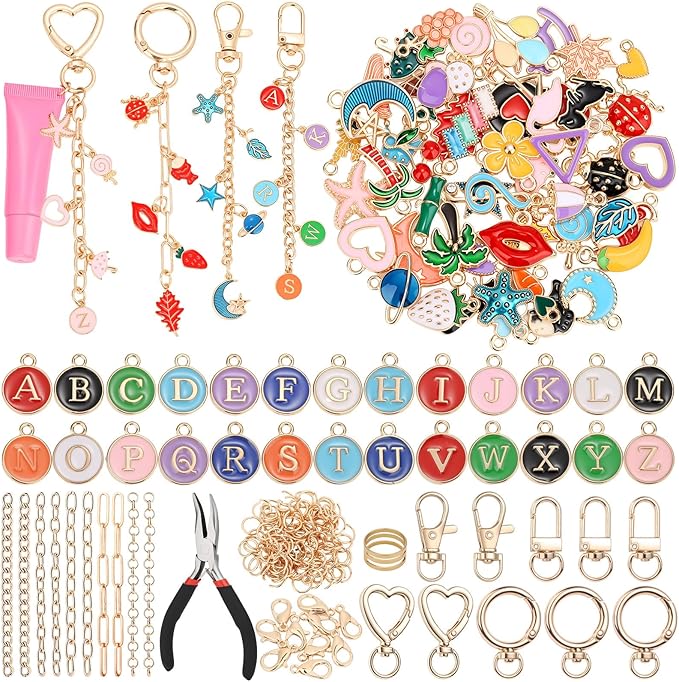 selizo 198Pcs Charms Lip Gloss Keychain Making Kit, DIY Craft Supplies with Charms, Key Chain Hooks, Jump Rings, Lobster Clasps, Chains & Tools, Jewelry Making Kit for Custom Keychains, Bags, Gifts