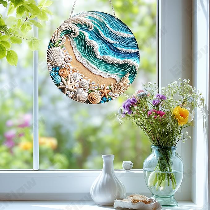 Eiflow Acrylic Diamond Art Hanging Kit for Adults, DIY Diamonds Painting Door Hanging Board Kit, Special Crystal Diamond Art Painting Pendant Ornament (Beach)