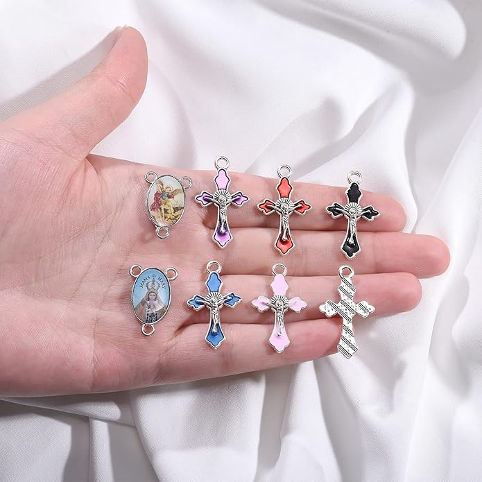 60Pcs/30Set Rosary Making Kits Supplies Religion Cross and Center Medal Charms Alloy Picture Jesus Enamel Pendant for Diy Prayer Necklace Jewelry