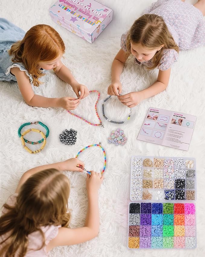 Mio Angle Clay Beads 2 Boxes 24 Colors Bracelet Making Kit, Round Letter Beads with Charm and Elastic Strings, Friendship Bracelets Holiday Gifts for Girls Adults
