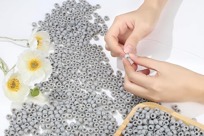 1000 Pc Boxed Grey Pony Beads, 9MM Plastic Craft Beads with Large Hole, Grey Hair Bead for Braids, Bracelet Bead for Jewelry Making