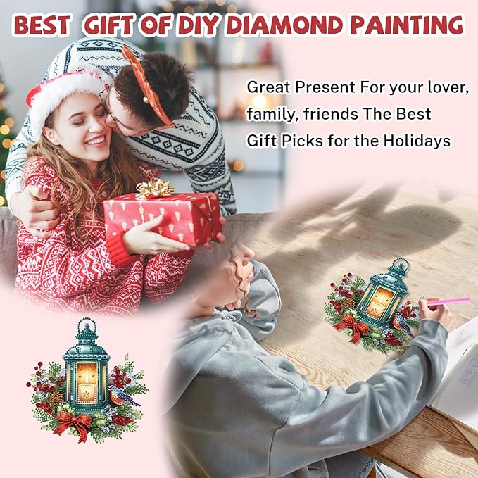 Bowetile Christmas Diamond Art Hanging Kits for Adults, Candlelight Diamond Art Suncatchers, 5D Special Shape Diamond Painting Pendant Window Ornament Christmas Gifts for Home Door Wall Decor