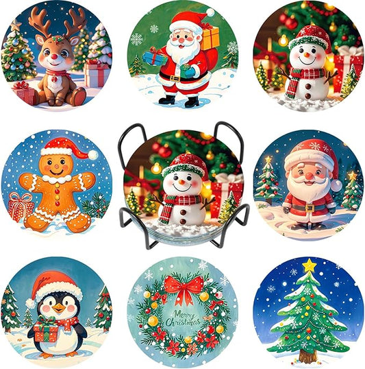 UPINS 8 Pcs Christmas Diamond Art Coasters,Christmas Themed Coasters with Holder Craft Supplies for Holiday Decor Gifts