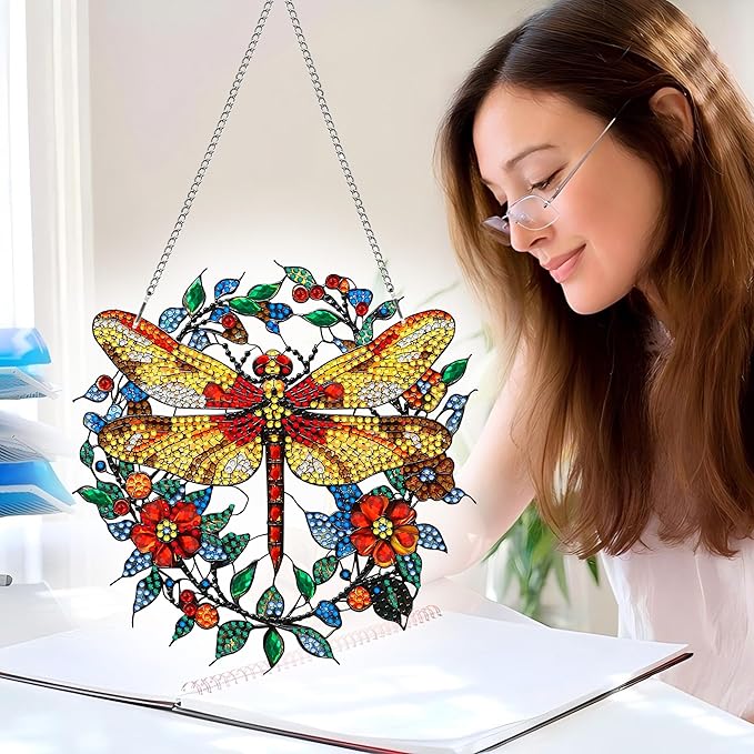 Hanging Diamond Art Kits for Adults Dragonfly Animal – 8x8 Inch Double-Sided Acrylic Board DIY Crystal Diamond Suncatcher Pendant, Sparkling Home Wall or Window Decoration Handmade Gift