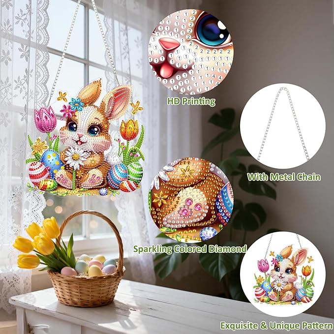 DOMROM Rabbit Diamond Art Hanging Kits for Adults, Easter Special Shaped Crystal Diamond Painting Rabbit Pendant, DIY Diamond Art Suncatchers Animal for Home Garden Wall Decor Gift