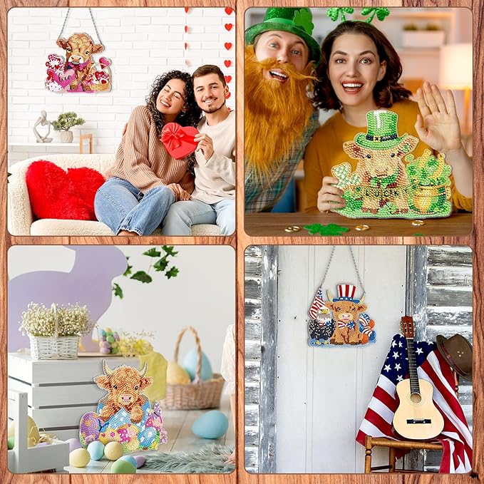 Cinnvoice 12 Pcs Seasonal Diamond Art Wreath Kits Holiday 5d DIY Diamond Art Hanging Signs Winter Spring Ornaments for Wall Door Decoration(Cow)