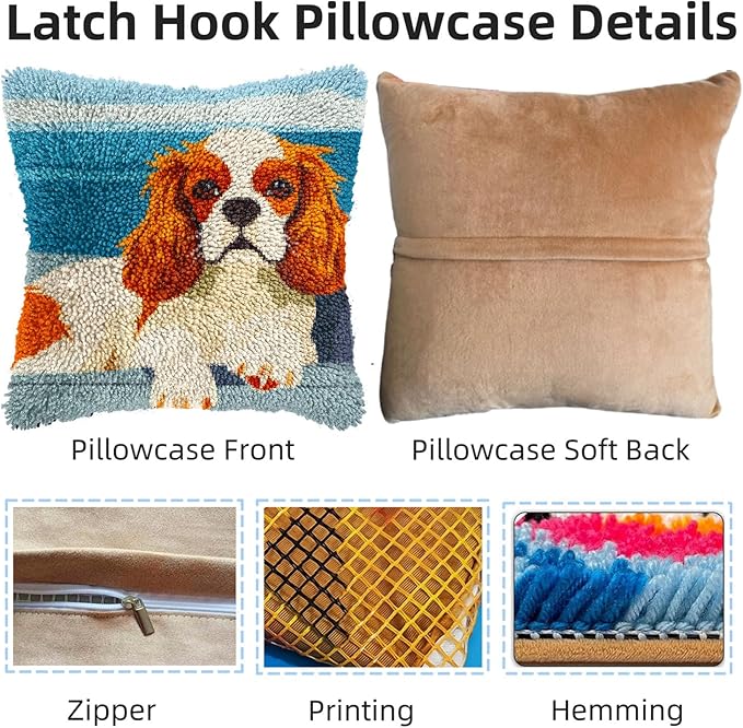 DIY Latch Hook Pillow Kits for Adults Cute Cavalier King Charles Dog Printed Pillowcase Crochet Yarns Hooking Handmade Pillow Cover Cushion for Home Sofa Decoration 17x17inch(1)