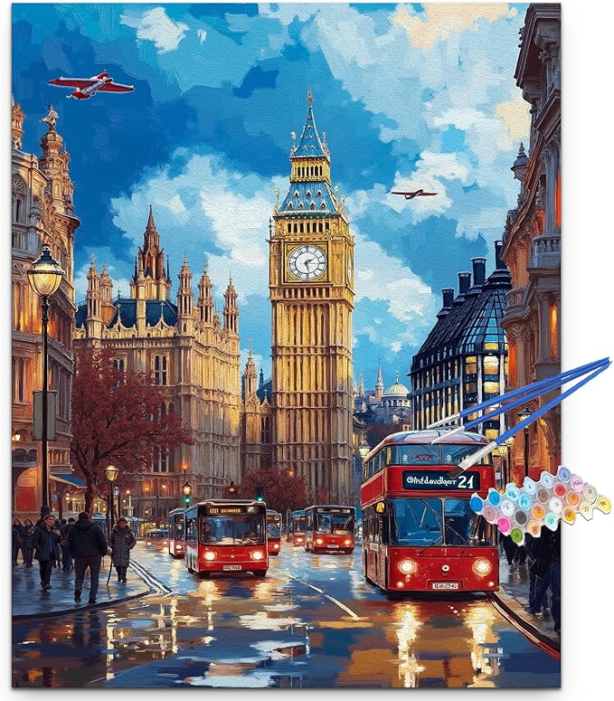 Artunion Big Ben Paint by Numbers Kit for Adults,London City Street Paint by Number Kits, DIY Oil Painting Paint by Number Kits on Canvas Arts Craft for Home Wall Decor 16x20 Inch