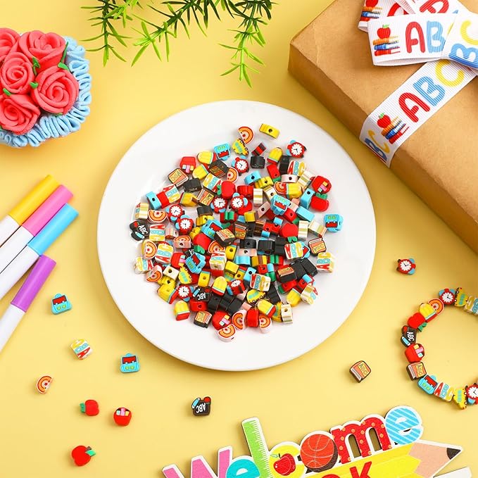 AUGSHY 300 PCS Back to School Clay Beads, Polymer Clay Beads Teacher Beads for Bracelet Necklace Making Teacher Appreciation Gifts DIY Jewelry Craft Kits Classroom Activities