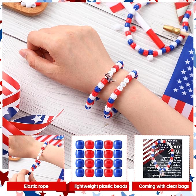 Zeyune 30 Sets Memorial Day Beaded Bracelet Kit, 1029 Pcs Red White Blue DIY Patriotic Bracelet Making Set with USA Letter Beads, Flag Charms, Cards and Bags for Memorial Day Party Favors