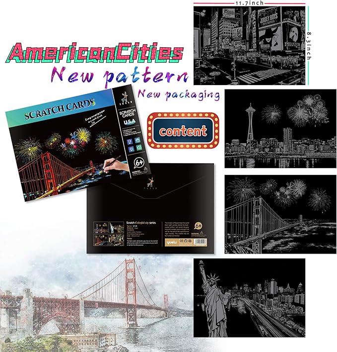 Scratch Art for Adults-City Landmarks Scratch Painting Paper Craft Kit (8 Sheets A4)|DIY Foil Engraving Art Set|Stress Relief Gift for Travel Lovers,Craft Lovers,Home Decor(America/Europe)