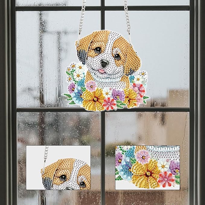 AiYuanzsh DIY Dog Diamond Art Hanging Kit, Floral Special-Shaped Acrylic Rhinestone Diamond Painting Pendant Ornament for Home, Garden, or Wall Decor Gift