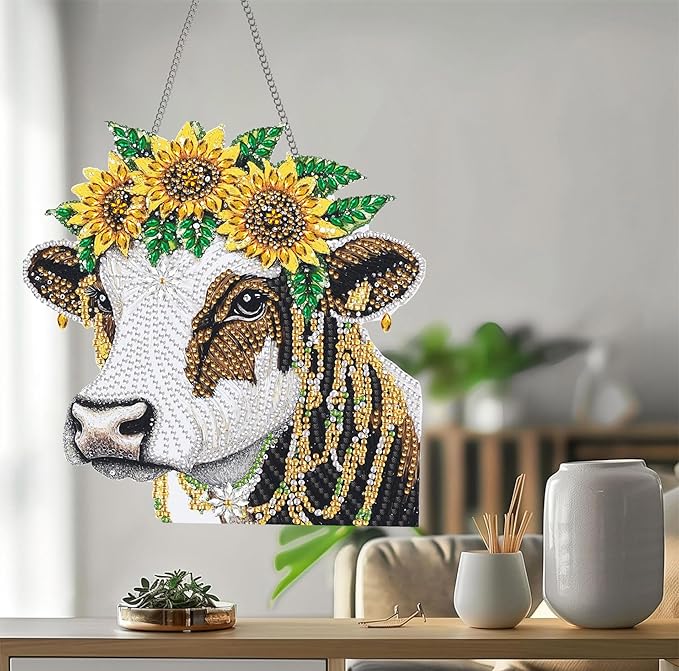 Bimkole Cow Diamond Art Hanging Kit for Adult, DIY 5D Sunflowers Diamond Art Painting Window Pendant, Acrylic Crystal Art Hanging Ornament for Wall Home Garden Front Door Decor - 7.8x7.8 Inch