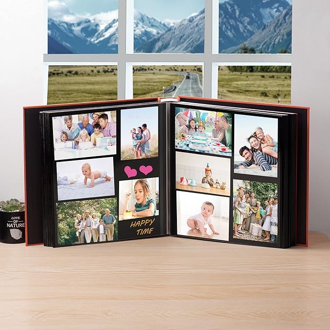 Large Photo Album Self Adhesive 4x6 5x7 3x5 8x10 Scrapbook Magnetic Album DIY Scrap Book Length 13 x Width 12.8 (Inches) 120 Black Sticky Pages Linen Cover DIY Photo Album(Orange)