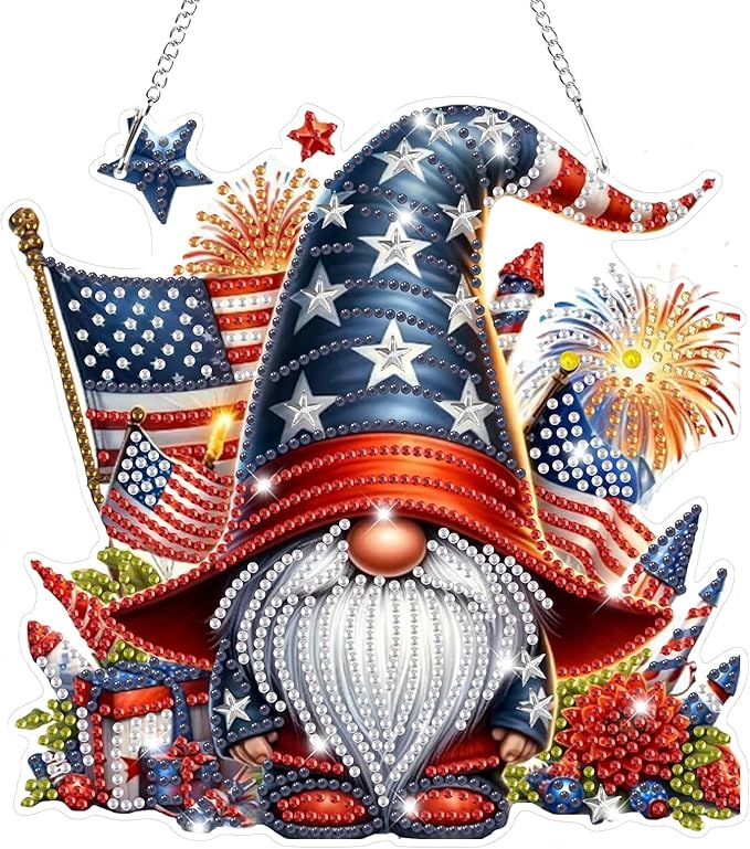 Bowetile Independence Day 5D Diamond Art Hanging Gnome Kits for Adults, 4th of July Fireworks Diamond Painting Window Pendant Kits, Special Shape Gem Art Suncatcher Ornament for Home Wall Decor