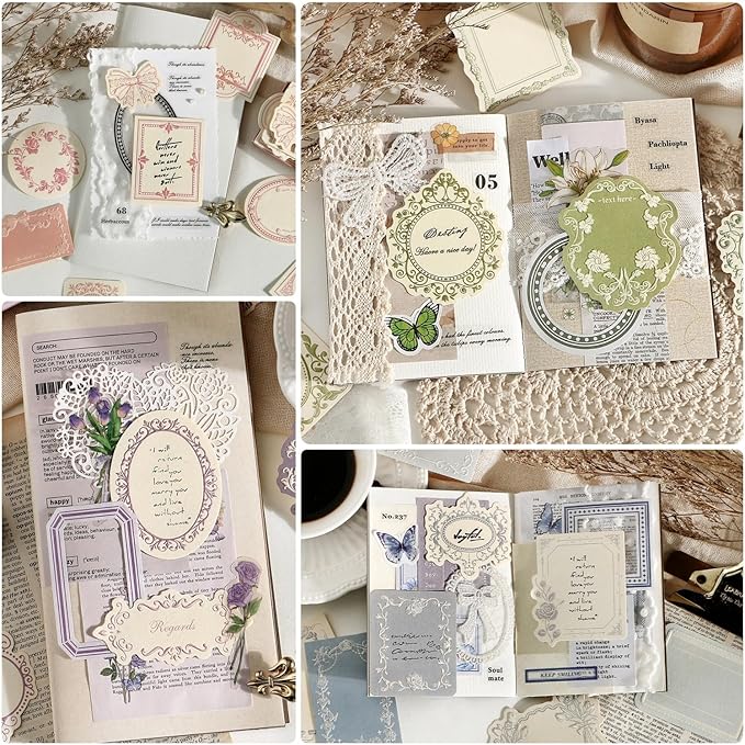 120Pcs Vintage Scrapbook Decorative Paper Set, Embossed Pattern Small Writing Notes Paper Blank Card 4 Boxes for Scrapbooking Junk Journaling Card Making Gift Tags Labels Non-Sticky