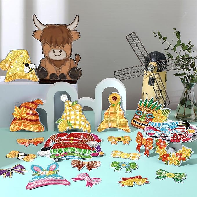 DoubleFill 42 Pcs Easter Diamond Kits St Patricks Day Interchangeable Wooden Table Decorations DIY Holiday Easter Party Seasonal Tiered Tray Art Decor Diamond Painting Magnets(Highland Cow)