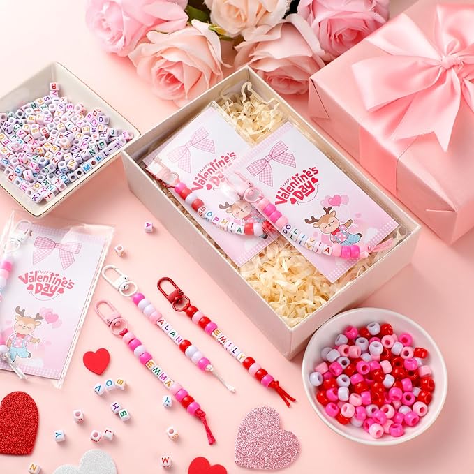 Suncalla 984 Pcs 24 Set Valentines Crafts Keychain DIY Key Chain Making Kit Gift Bead Adjustable Letter Beads Cards Strings Kit Sweet Valentine's Gift Accessories Party Favors for Adult