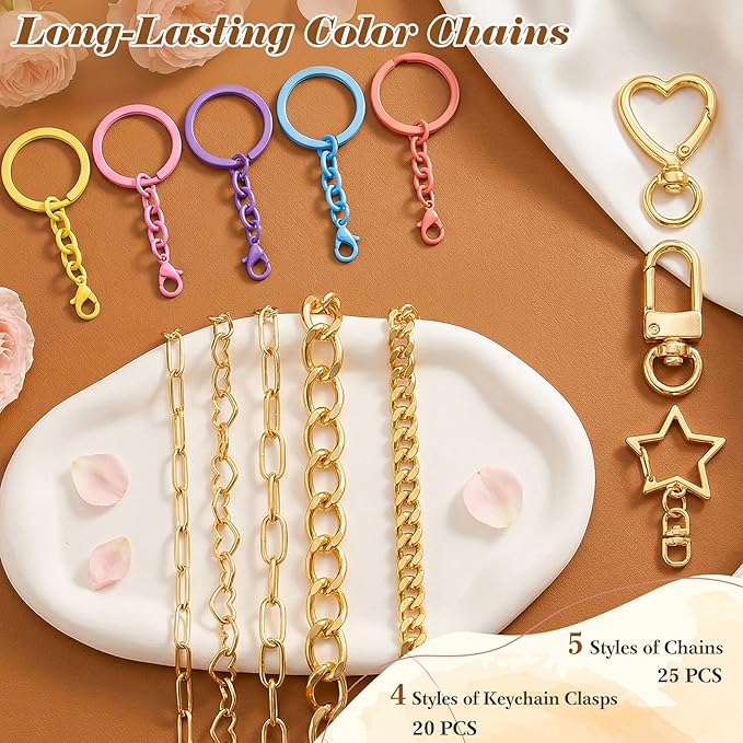 Ecoofor 364 Pcs Keychain Making Kit for Kids & Adults – Includes 20 Keychain Clips, 25 Extender Chains, 136 Charms, Beading Accessories, Jewelry Pliers – DIY Bag Charms & Jewelry Craft Kit Supplies