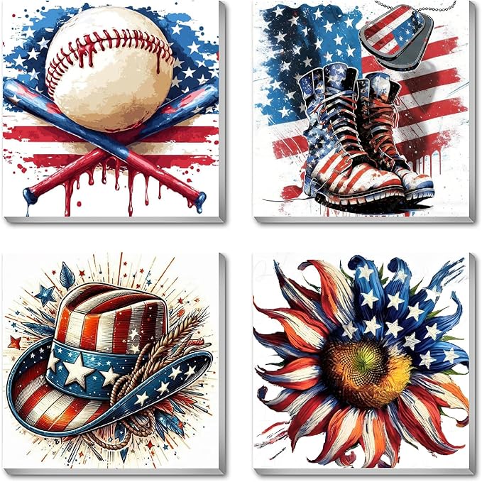 Canrichshop 4 Pack Framed Independence Day Paint by Numbers Kit for Adults,4 of July Patriotic Adult Paint-by-Number Kits on Canvas, DIY Oil Number Painting for Home Decor 8 x 8 inch