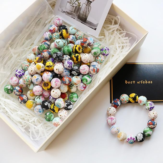 120pcs Richbunnys 15mm Bulk Silicone Beads for Pens and Keychain Making,Large Bead for Necklace and Bracelets Making,Assorted Rubber Beads Set(Print Floral)