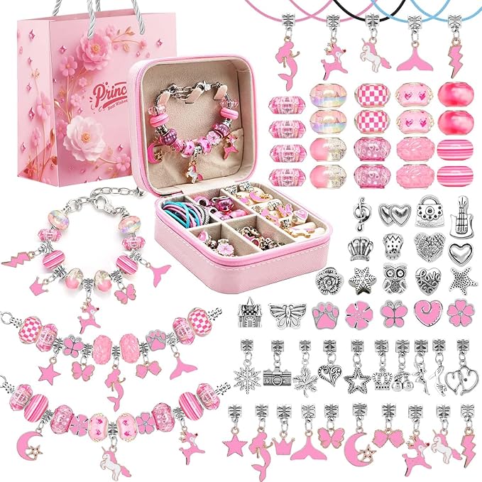 ONADEBY Charm Bracelet Making Kit - Pink DIY Jewelry Making Kit for Girls, Friendship Bracelet Kit with Portable Jewelry Box Bag Packing for Birthday Christmas New Years Easter Valentine Craft Gifts