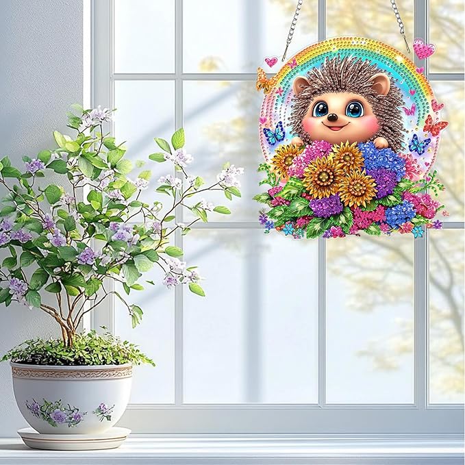QENSPE Diamond Painting Art Hanging for Adults, Cute Hedgehog Special Shape Diamond Paingting Ornaments Kits with Chain, DIY Flowers Crystal Window Pendants for Home Wall Decor Gifts 20X20 cm
