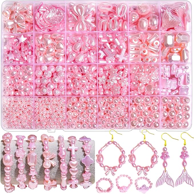 1170 Pcs ABS Imitation Pearl Beads for Jewelry Making, Assorted Heart Star Bowknot Circle Flower Aesthetic Cute Bead for Bracelet Necklaces Earrings Key Chains DIY Phone Charm Crafts (Pink)