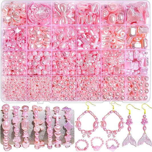 1170 Pcs ABS Imitation Pearl Beads for Jewelry Making, Assorted Heart Star Bowknot Circle Flower Aesthetic Cute Bead for Bracelet Necklaces Earrings Key Chains DIY Phone Charm Crafts (Pink)