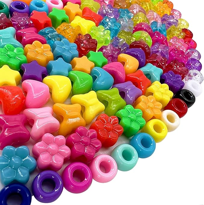MIIIM 1000Pcs 6x9mm Glitter Pony Beads Shapes for Friendship Bracelet, Large Hole Assorted Kandi Beads in 5 Styles, Star, Heart, Butterfly, Flower, for Hair Braids, Jewelry Making