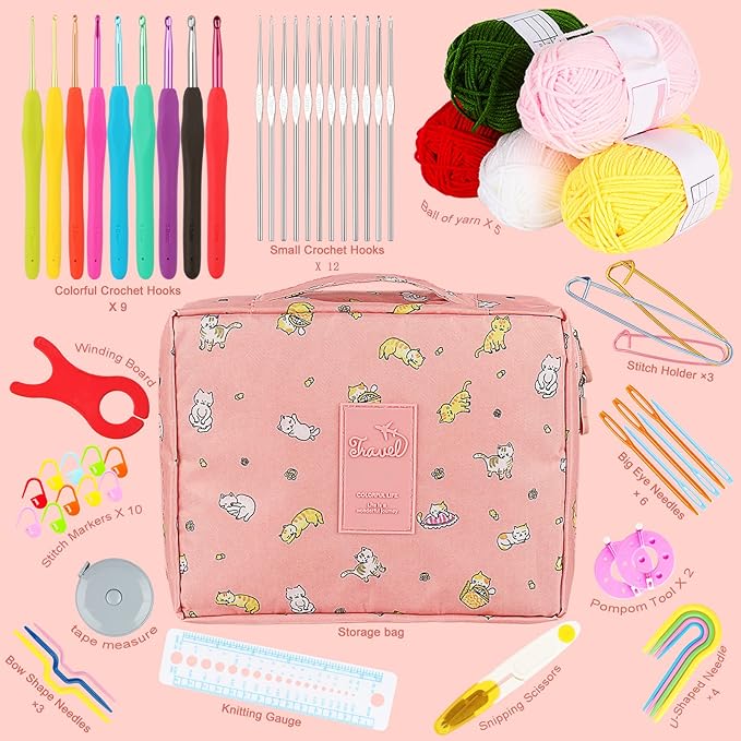 aeelike crochet kit for beginners adults, crochet kits include yarn, 59pcs crochet starter kit for beginners,ergonomic crochet hooks 2.0-6.0 mm, lace steel needles 0.6-1.9 mm