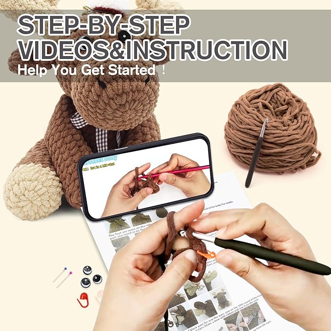 codgp crochet kit for beginners,11.8in crochet animal kit elk,crochet starter kit christmas gift for adults kids with yarn sets,amigurumi crochet kit with step-by-step video tutorials