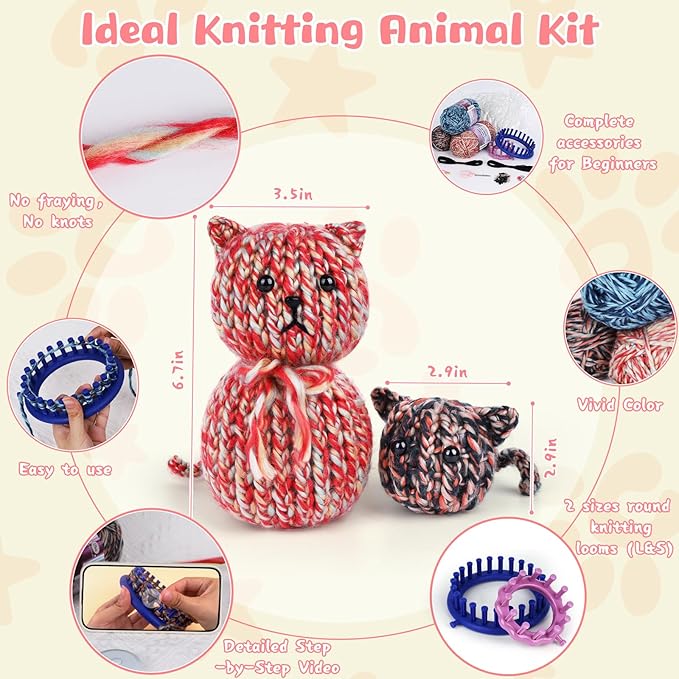 Aeelike Round Loom Knitting Kit for Beginners, Easy to Knit Cat (L&S) Complete Beginner Knitting Loom Kit for Beginners w Step-by-Step Instructions Videos, Family Craft Crochet Animal Gift