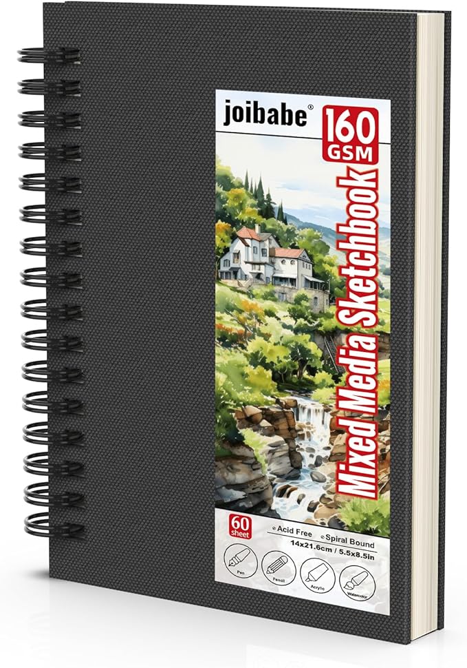joibabe Mixed Media Sketchbook, 160 GSM 60 Sheets Spiral Bound Drawing Pad for Pencil, Pen, Watercolor, Acrylic & Ink – 5.5" x 8.5", Acid-Free Art Journal for Artists, Students & Beginners