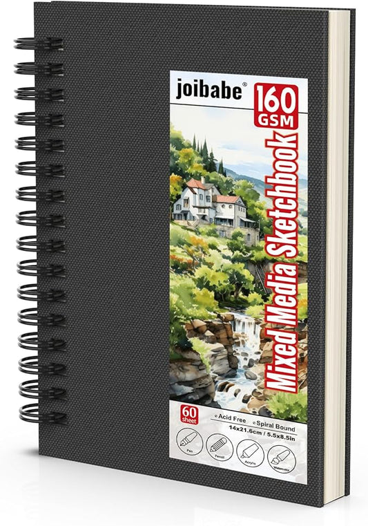 joibabe Mixed Media Sketchbook, 160 GSM 60 Sheets Spiral Bound Drawing Pad for Pencil, Pen, Watercolor, Acrylic & Ink – 5.5" x 8.5", Acid-Free Art Journal for Artists, Students & Beginners