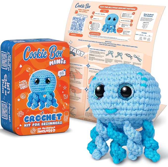 Cookie Box MINIs Crochet Kit for Beginners – Gift Set to Make Jellyfish Oxy Amigurumi Plushie – Easy DIY Crochet & Knitting Starter Kit with Printed Instructions & Step-by-Step Video Tutorial