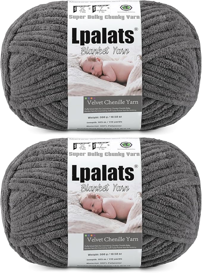 Baby Blanket Yarn for Crocheting - 2 Pack of 300g (Total 600g/21.2oz) Super Fluffy Chunky Chenille Yarn for hand Knitting, 230 yds Super Bulky Plush Yarn for Cozy Blankets and Amigurumi (2, Dark Grey)