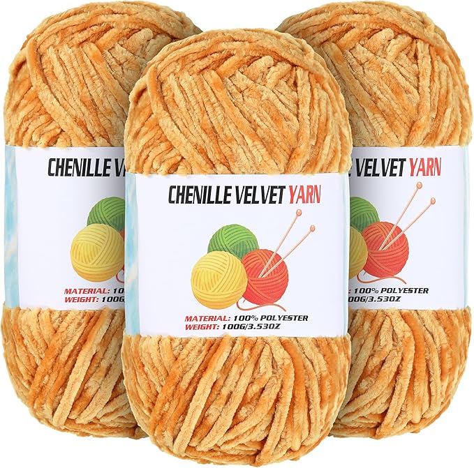 3 * 100g Velvet Chenille Chunky Yarn for Crocheting, Handcrafts Weaving Soft Chenille Yarn for Crocheting Clearance, Used for Making Baby Yarns Blanket, Clothes, Knitting Creations (Turmeric)